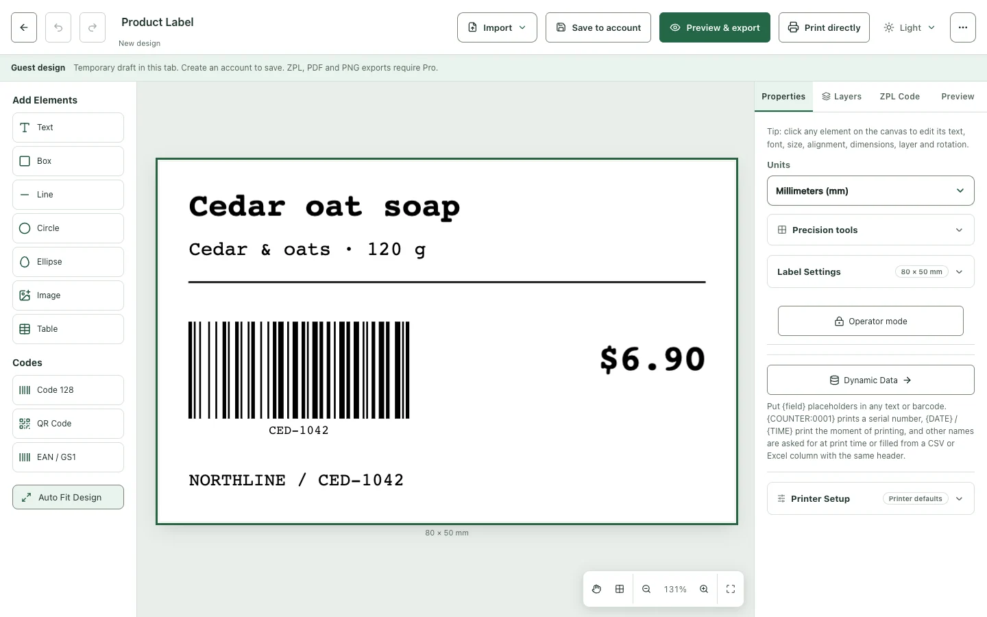 ZPLCraft editor showing a product label with text and a Code 128 barcode.