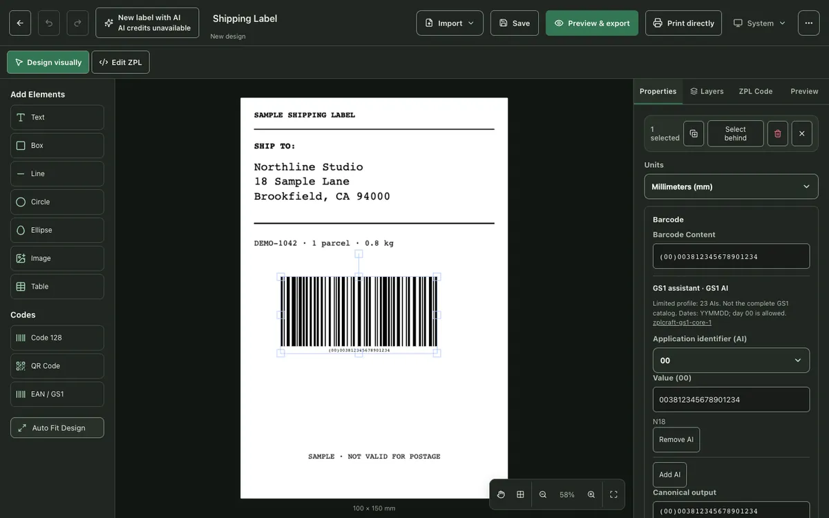 Code-barres GS1-128 SSCC sur une étiquette d’expédition, l’assistant GS1 affichant l’identifiant d’application 00 et sa valeur