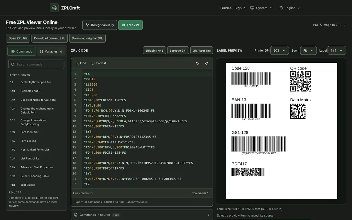 Visionneuse ZPL rendant des codes-barres Code 128, QR, EAN-13, Data Matrix, GS1-128 et PDF417 à partir du code d’exemple