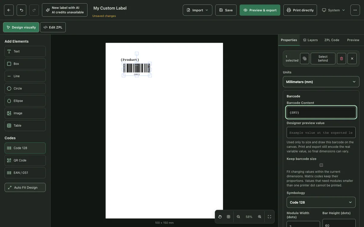 Label in the ZPLCraft editor with a {Product} text placeholder and a Code 128 barcode whose content is {SKU}