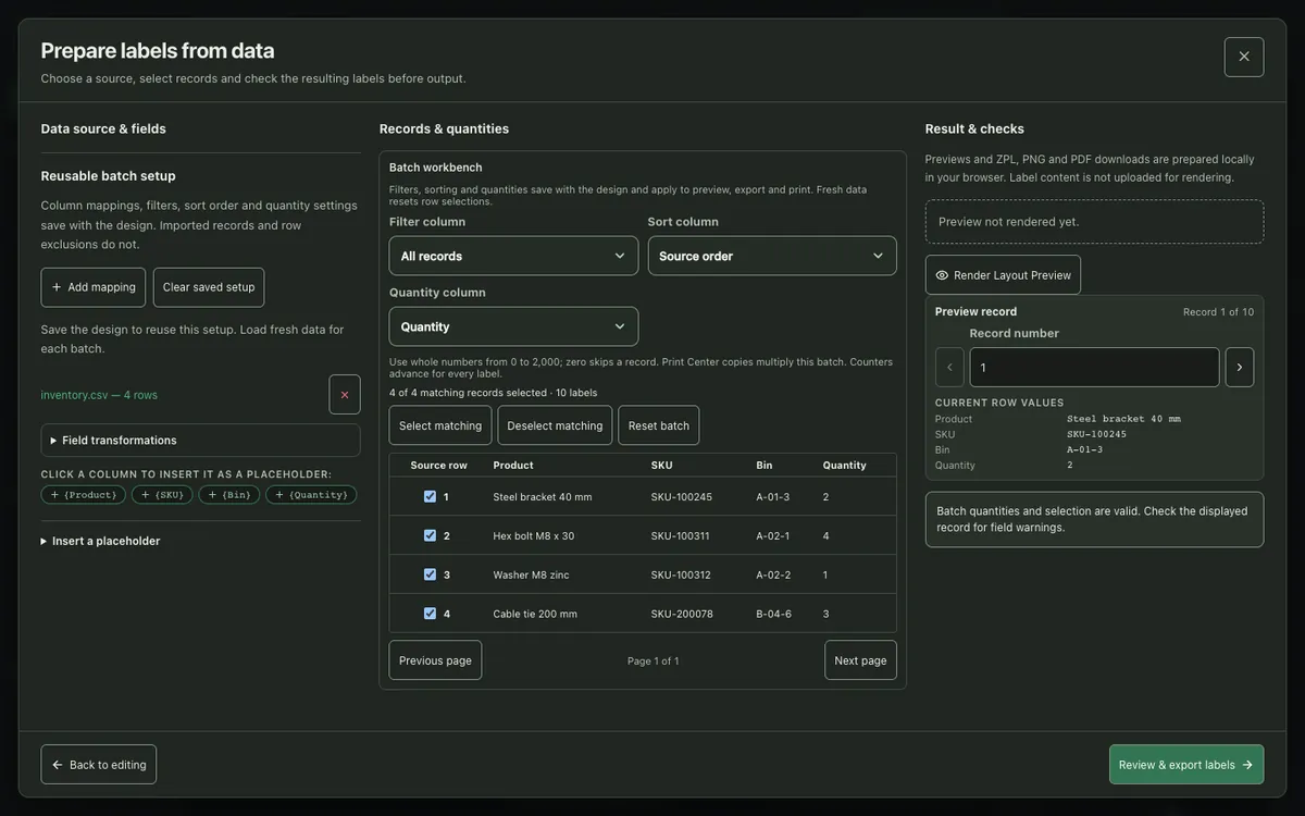 Prepare labels from data window with inventory.csv loaded, column placeholders, a batch workbench table of four products and a record preview