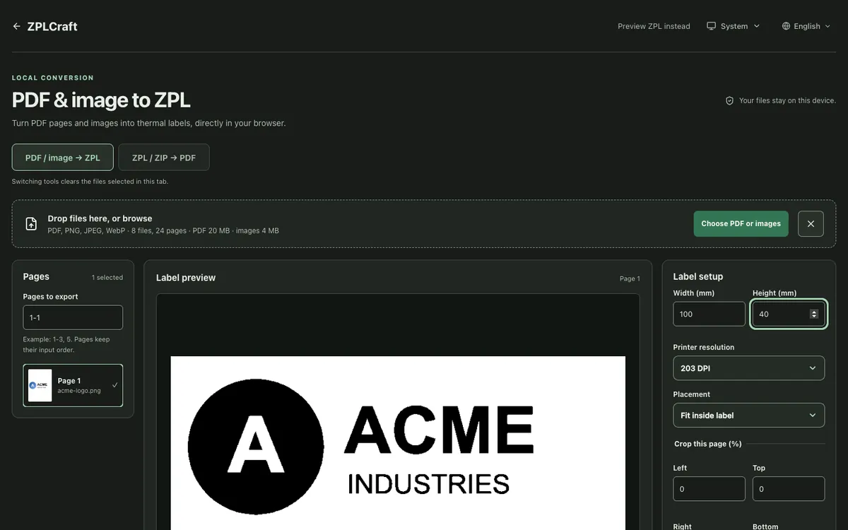 PDF & image to ZPL converter with the ACME logo loaded, a 100 × 40 mm label at 203 dpi and a black-and-white preview