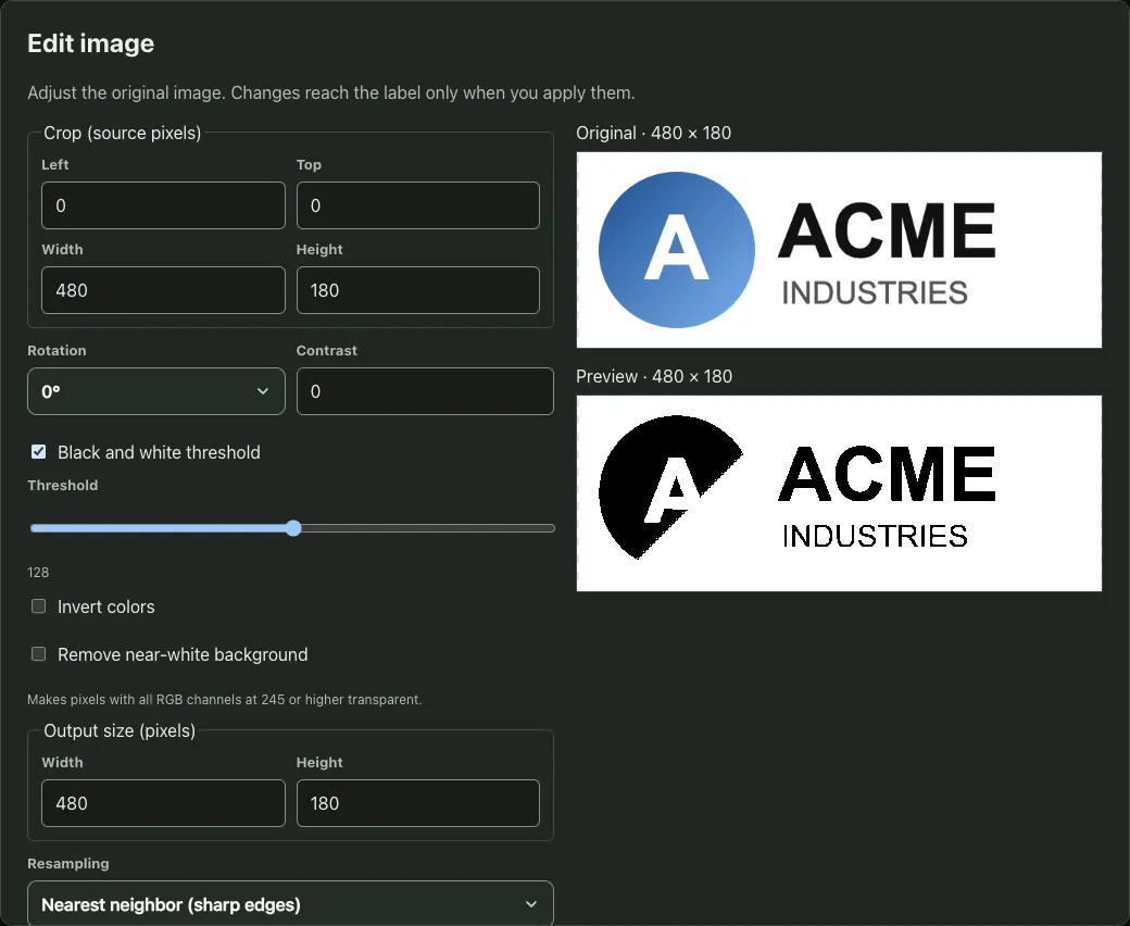 Edit image dialog with a threshold of 128 turning the blue gradient circle of the logo half black in the preview