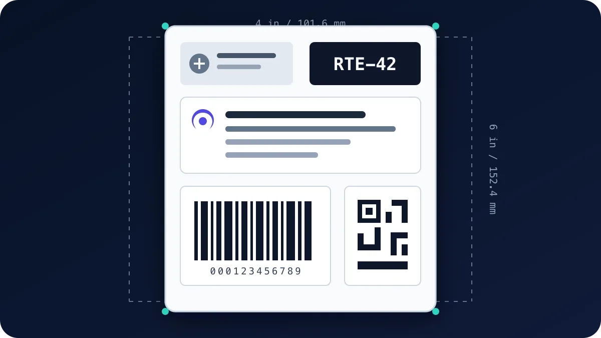Modello di etichetta di spedizione da 4 × 6 pollici con aree per indirizzo, instradamento, codice a barre e codice QR